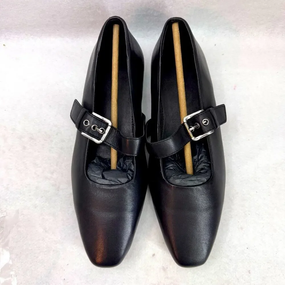 Topshop Cyndi Leather Square Toe Ballet Flats Shoes With Buckle Black size 7.5